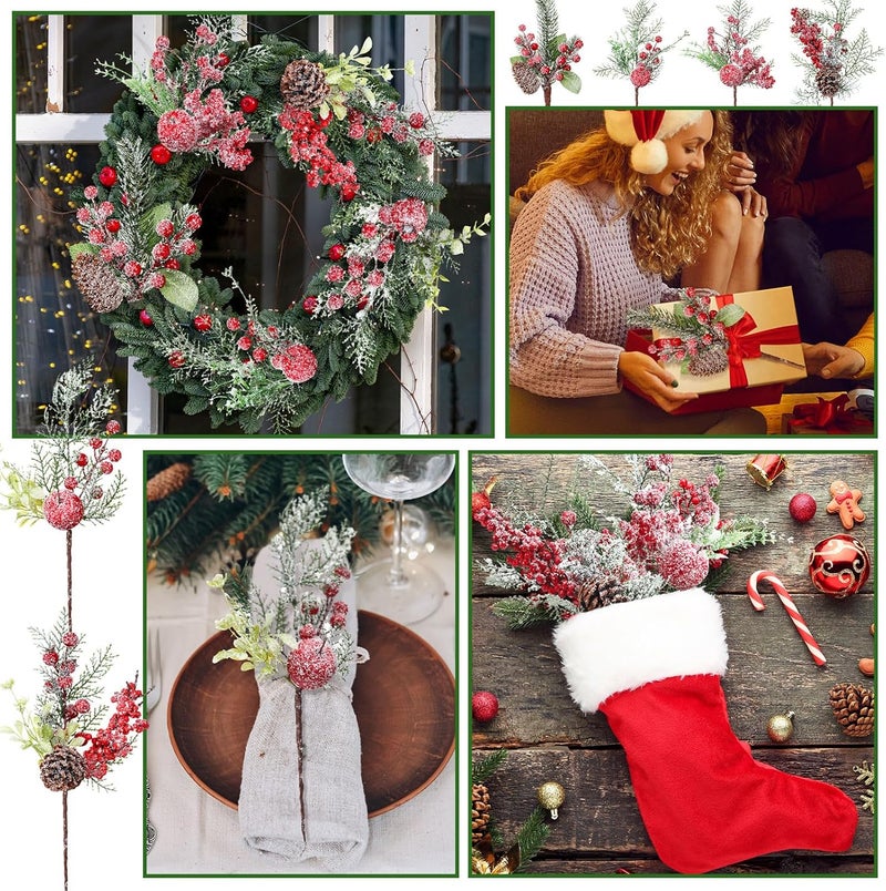 Solsew 16 Pcs Christmas Pine Cones Picks Artificial Berries Sprays Branches Faux Greenery Floral Stems Snowy Holly Pine Needles for Xmas Tree Wreath Garland Craft Decor(Novelty Snowy Style) - Image 3